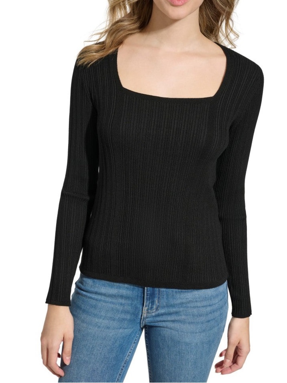 Calvin Klein Black Ribbed Square-Neck Long Sleeve Top